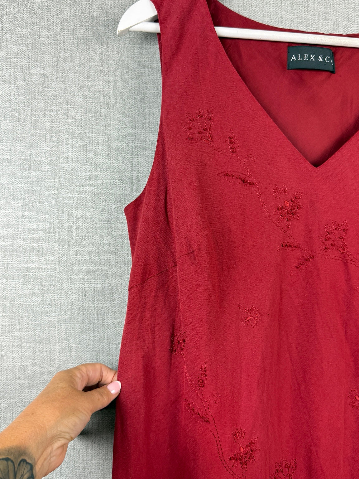 Alex & Co Red Silk Linen Floral Embroidered A-Line Dress – UK 16 – Pre-Loved