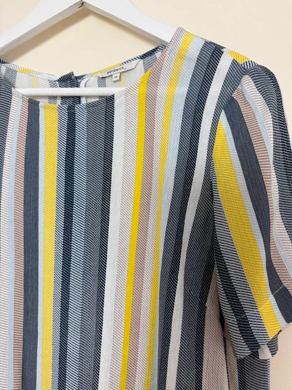 Sandwich Clothing Stripe Top Yellow Grey White Short Sleeve Split Hem UK8