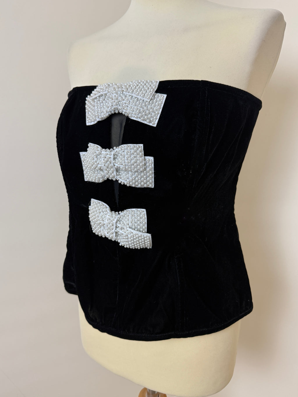 NEXT Black Velvet Pearl Bow Corset Bandeau Top  UK16