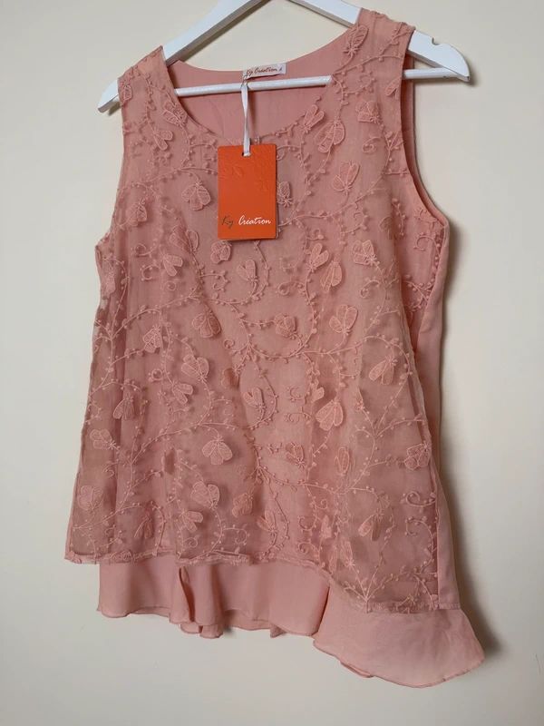 KY Creation Pink Lace Overlay Top Large Sleeveless Back Split BNWT