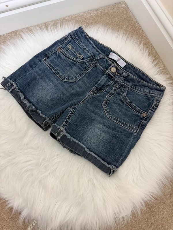 No Boundaries Y2K Embroidered Denim Shorts W28 Mid Blue Wash Rhinestone Cut Off