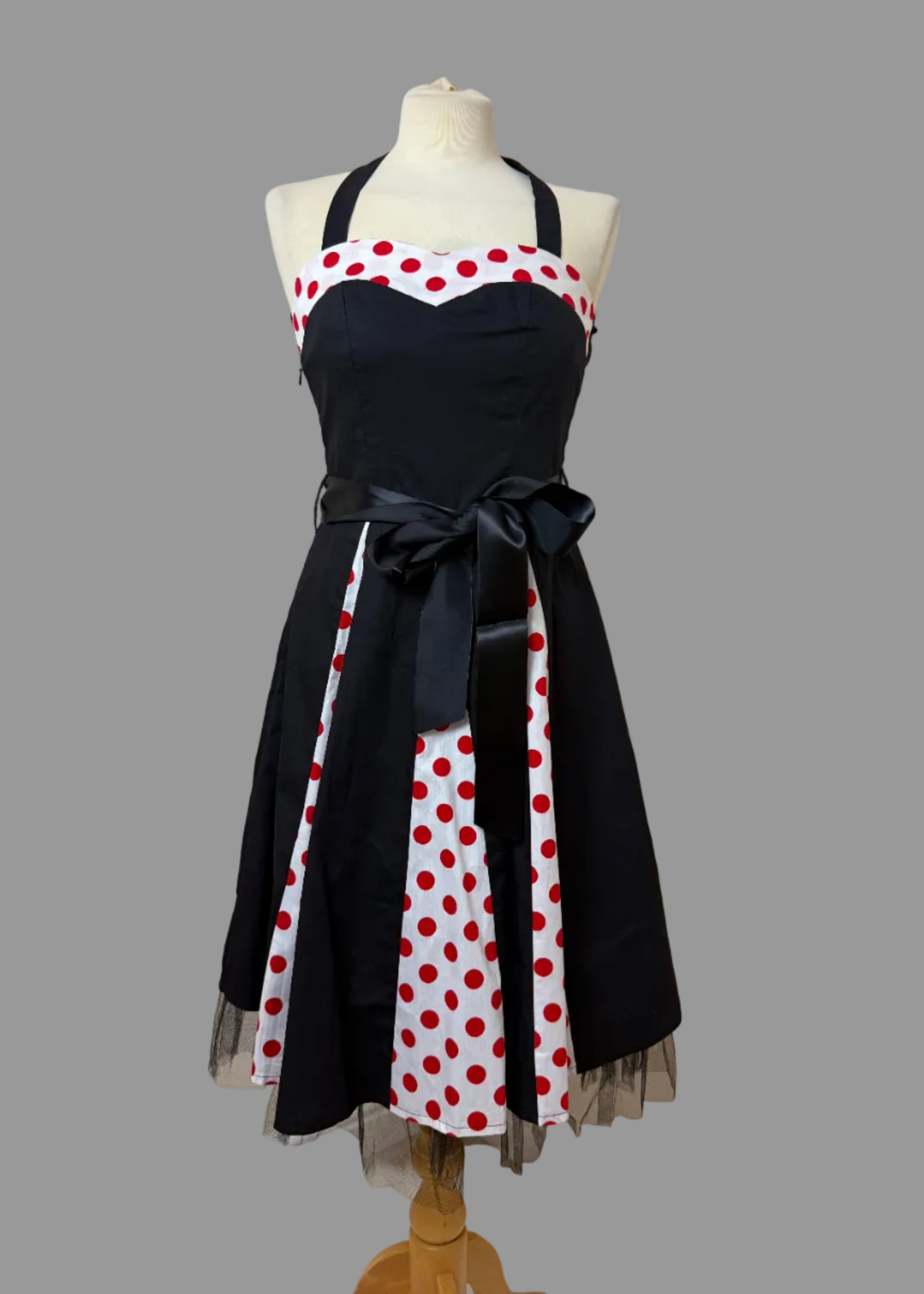 Retro Rockabilly Black Polka Dot Halterneck Swing Dress Size Small