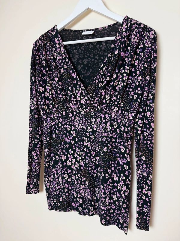 Mamalicious Floral Maternity Wrap Top Black Pink Lilac V Neck Medium
