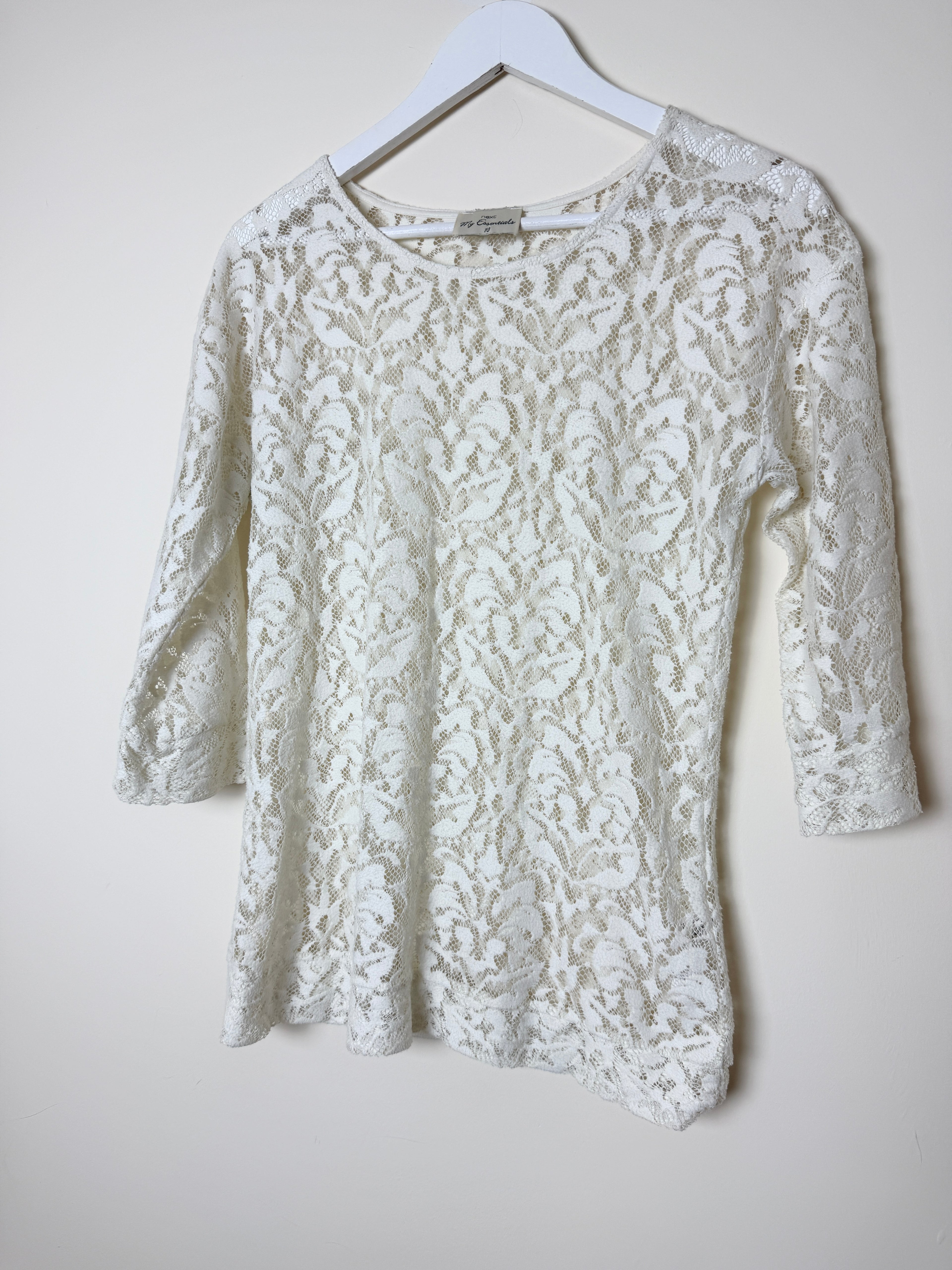 Next My Essentials Cream Floral Lace 3/4 Sleeve Top UK10