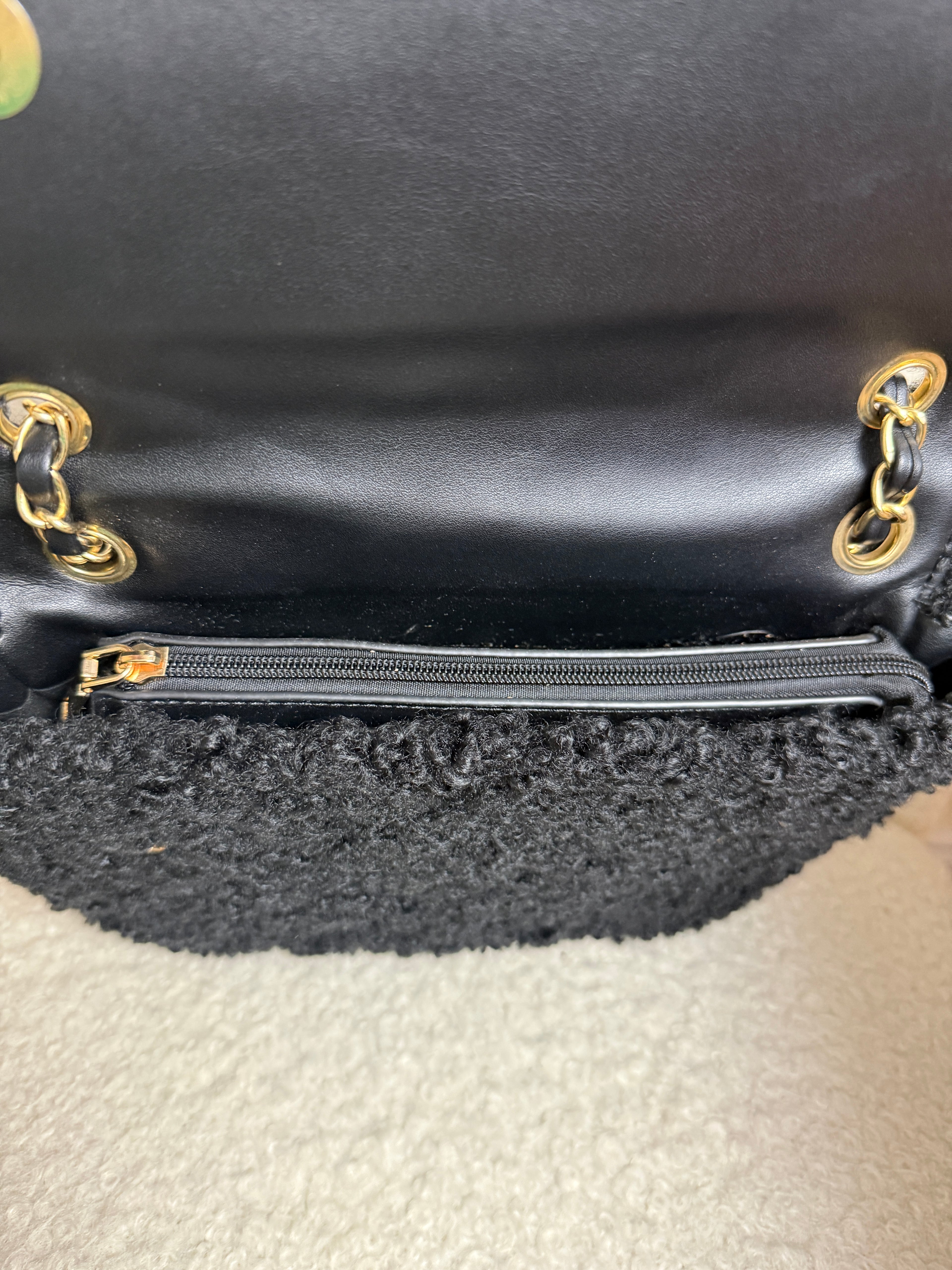 Missguided Black Sherpa Flap Bag Chain Strap Shoulder Bag