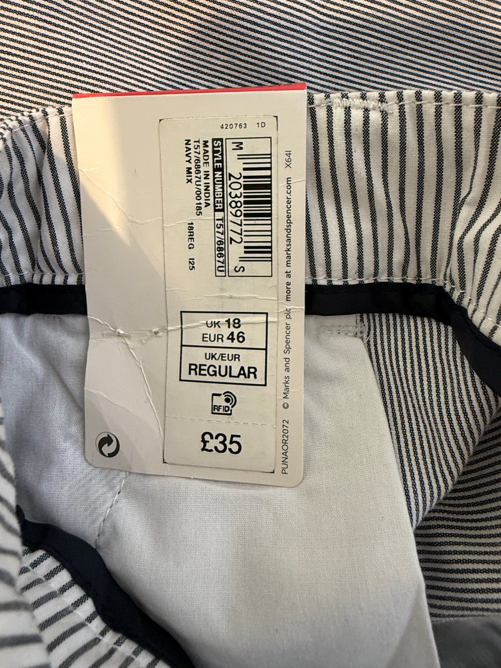 Per Una Navy Pinstripe Cotton Stretch Trousers UK18 Regular