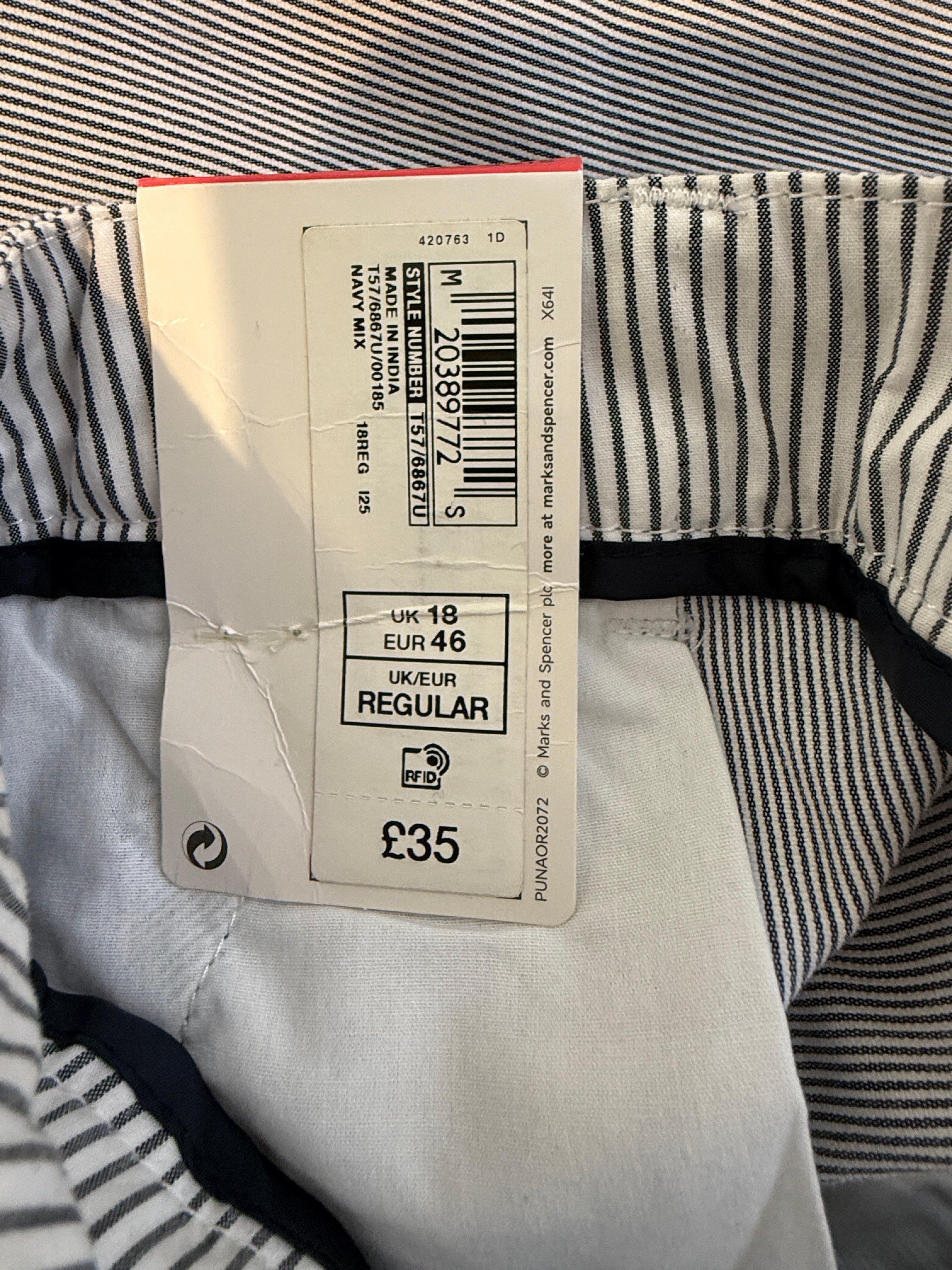 Per Una Navy Pinstripe Cotton Stretch Trousers UK18 Regular