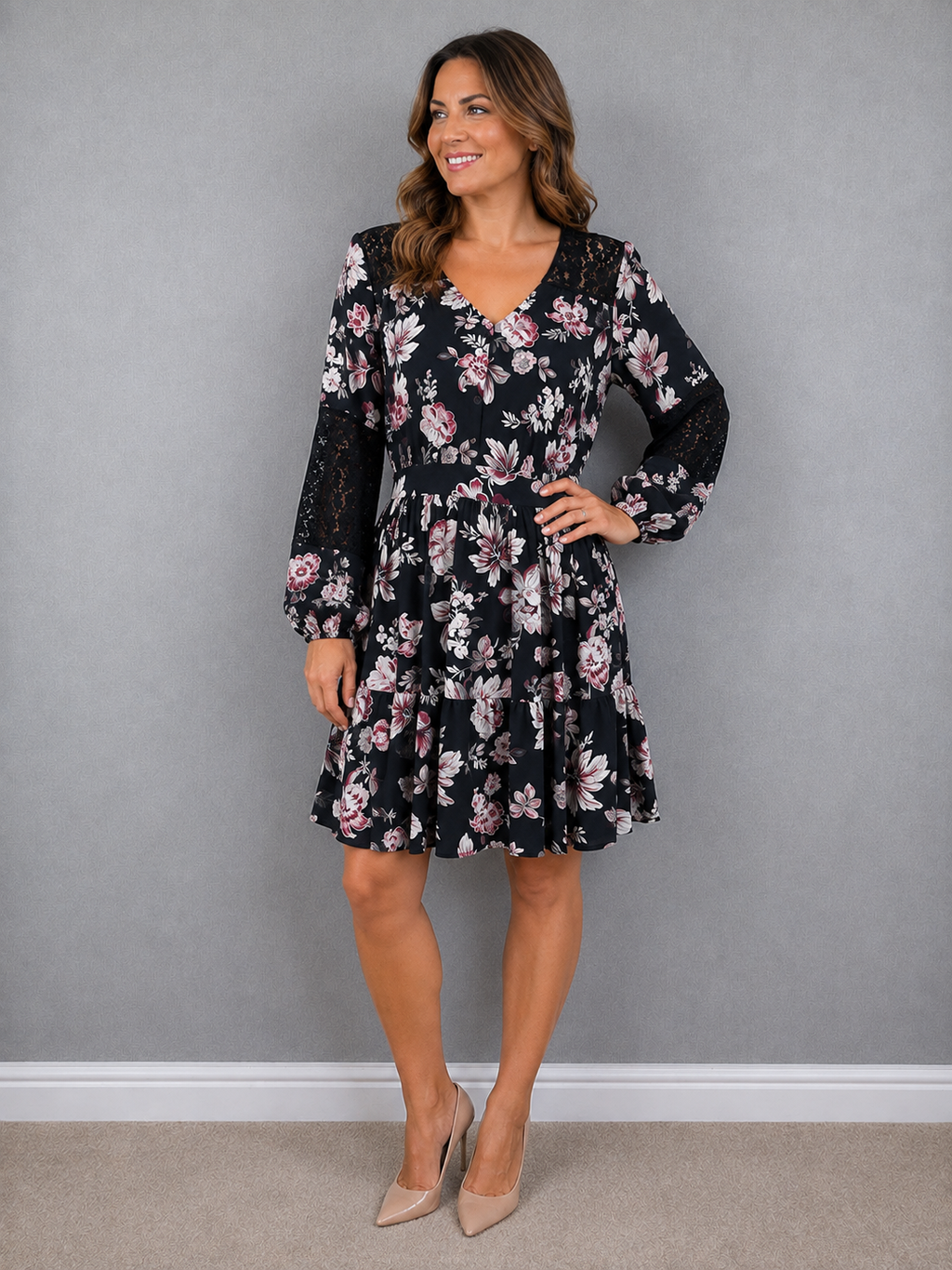 French Connection Black Floral Lace Skater Dress Size 12 – Preloved