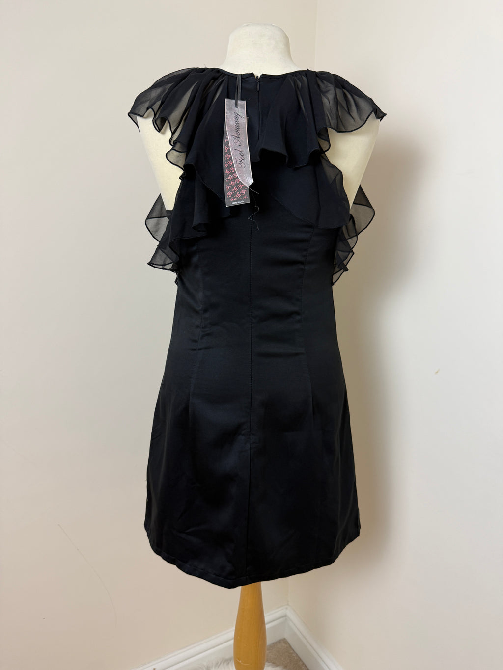 Lipsy BNWT Black Satin Lined Mini  Dress with Sheer Ruffled Sleeves - UK8