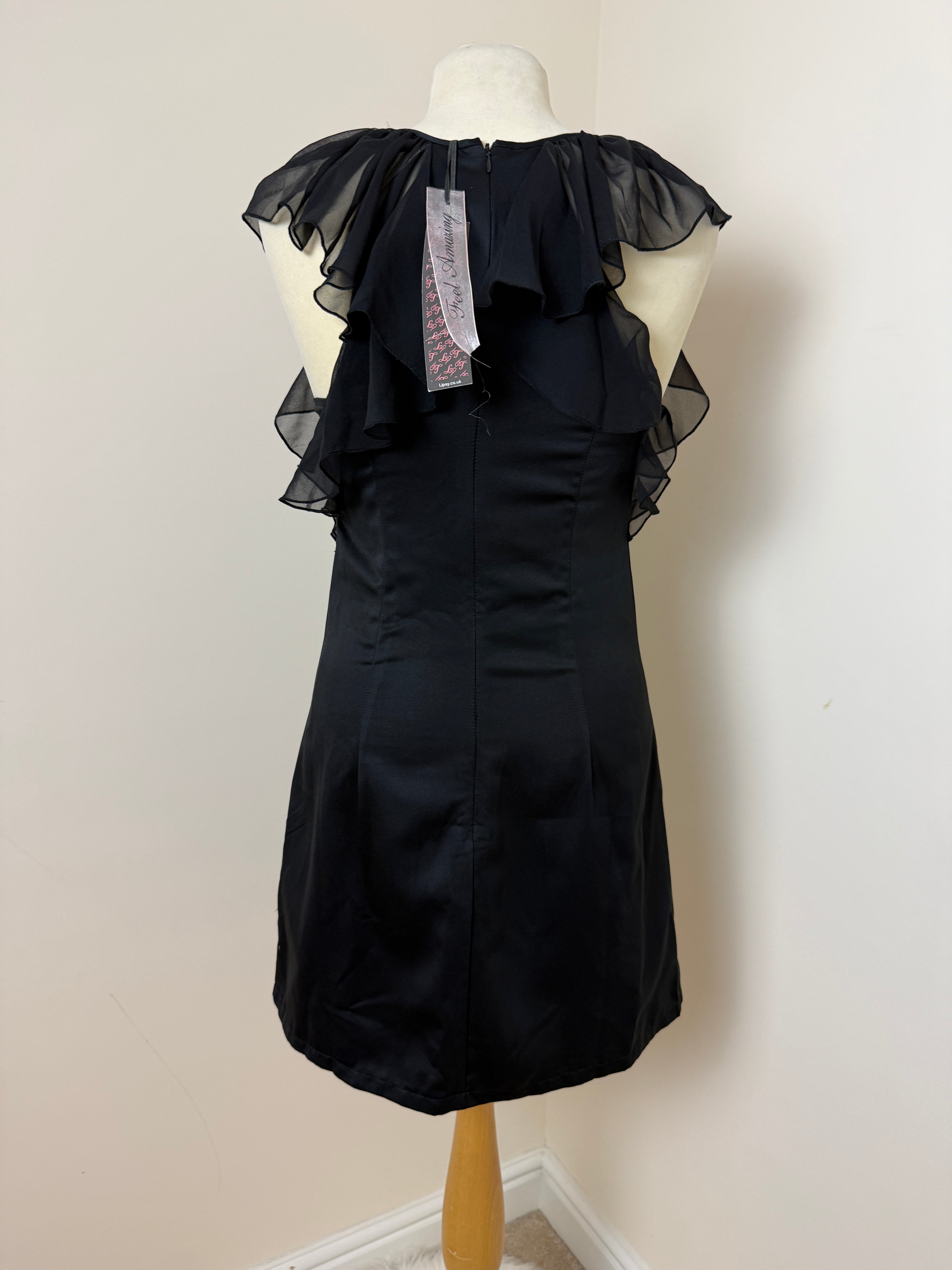 Lipsy BNWT Black Satin Lined Mini  Dress with Sheer Ruffled Sleeves - UK8