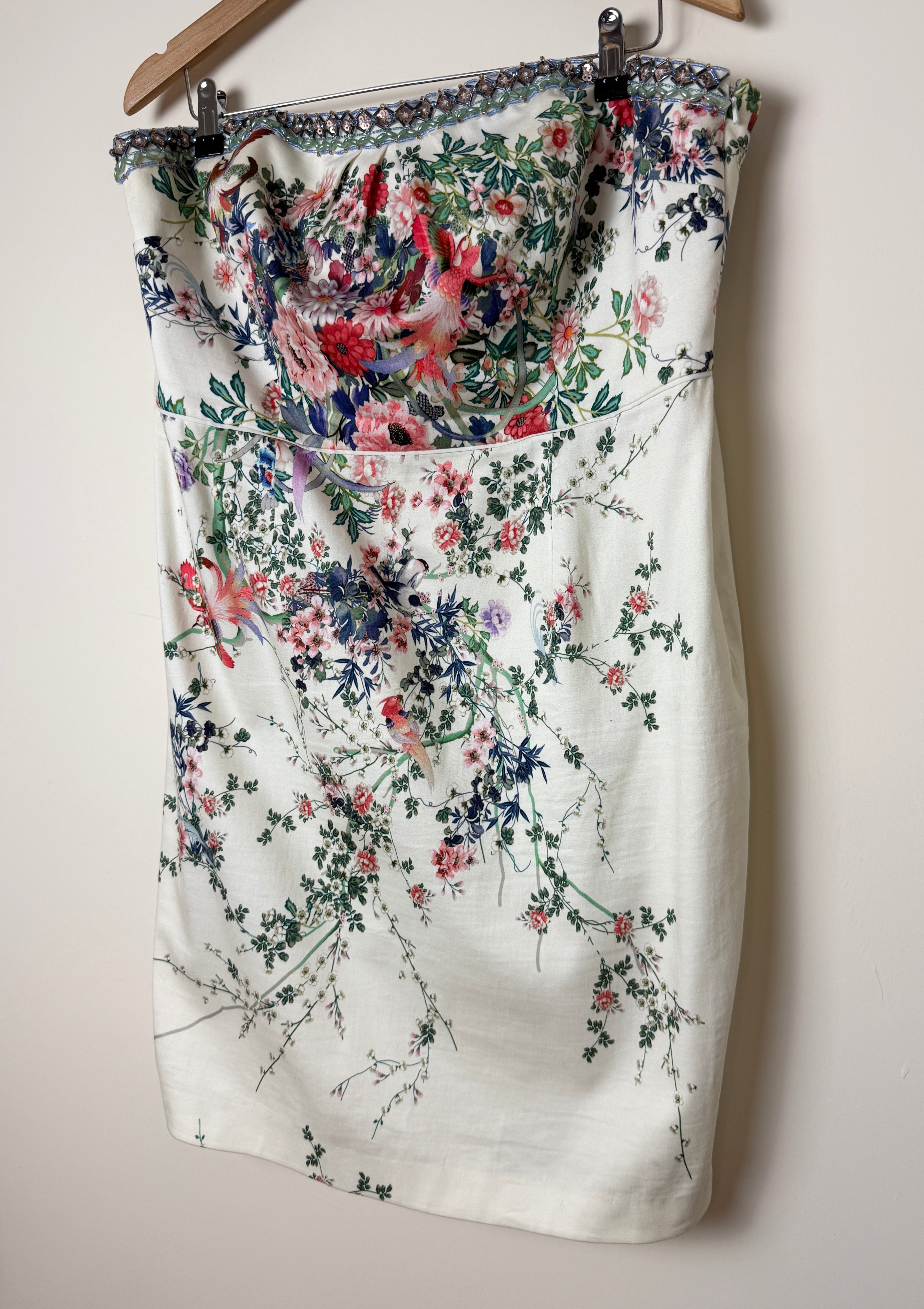 Monsoon Floral Bird Print Strapless Dress – Beaded Occasion Dress – UK 18