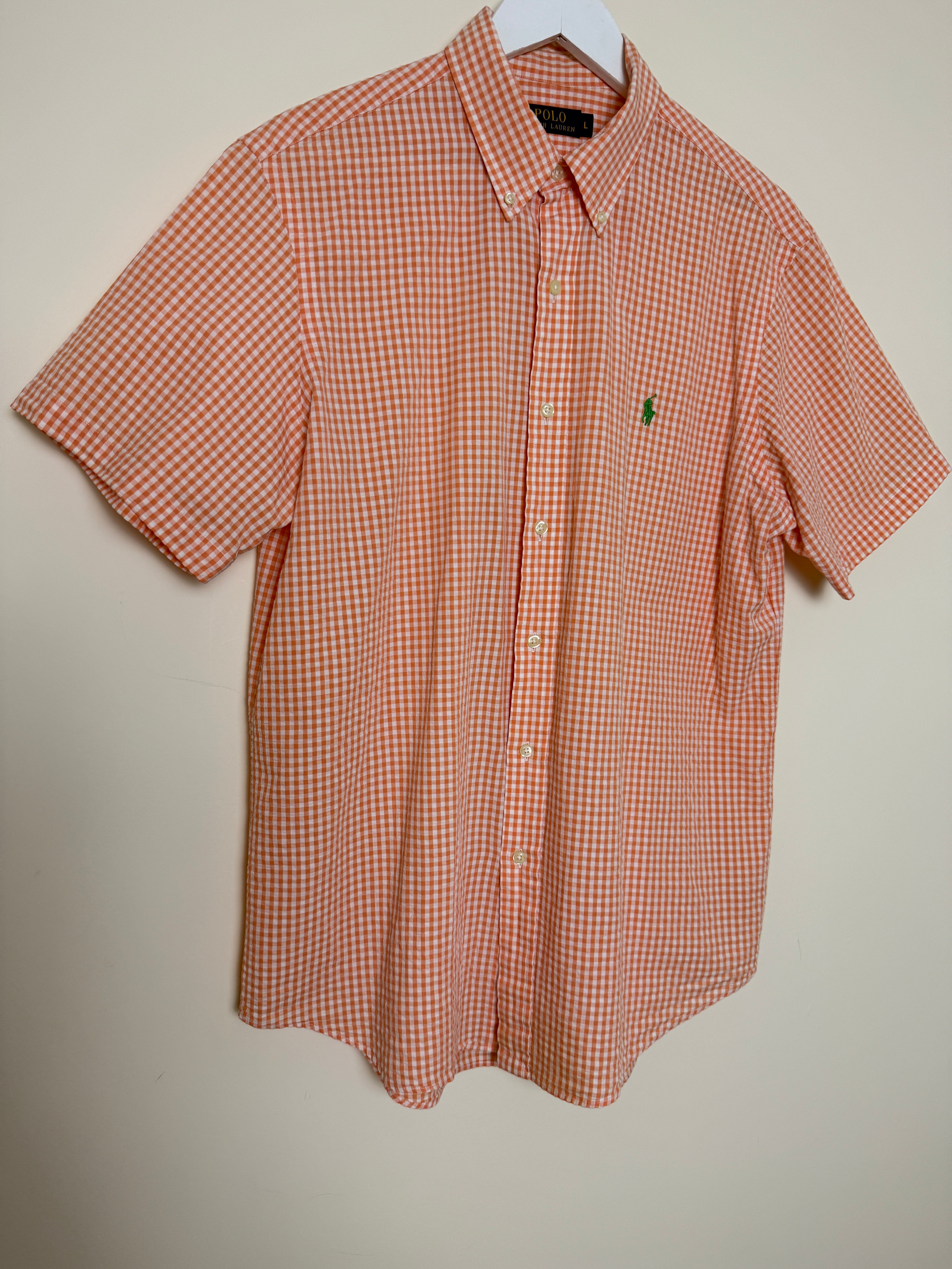 Ralph Lauren Orange Check Shirt Green Pony Short Sleeve Large