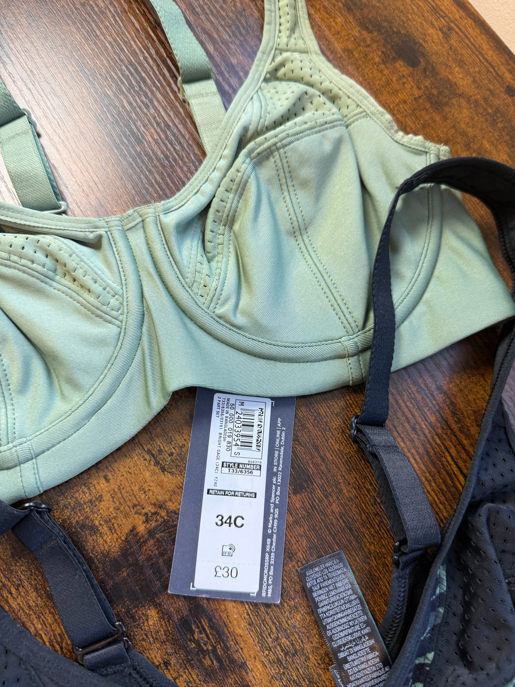 M&S Goodmove 2 Pack High Impact Sports Bras 34C Sage Green & Black Print