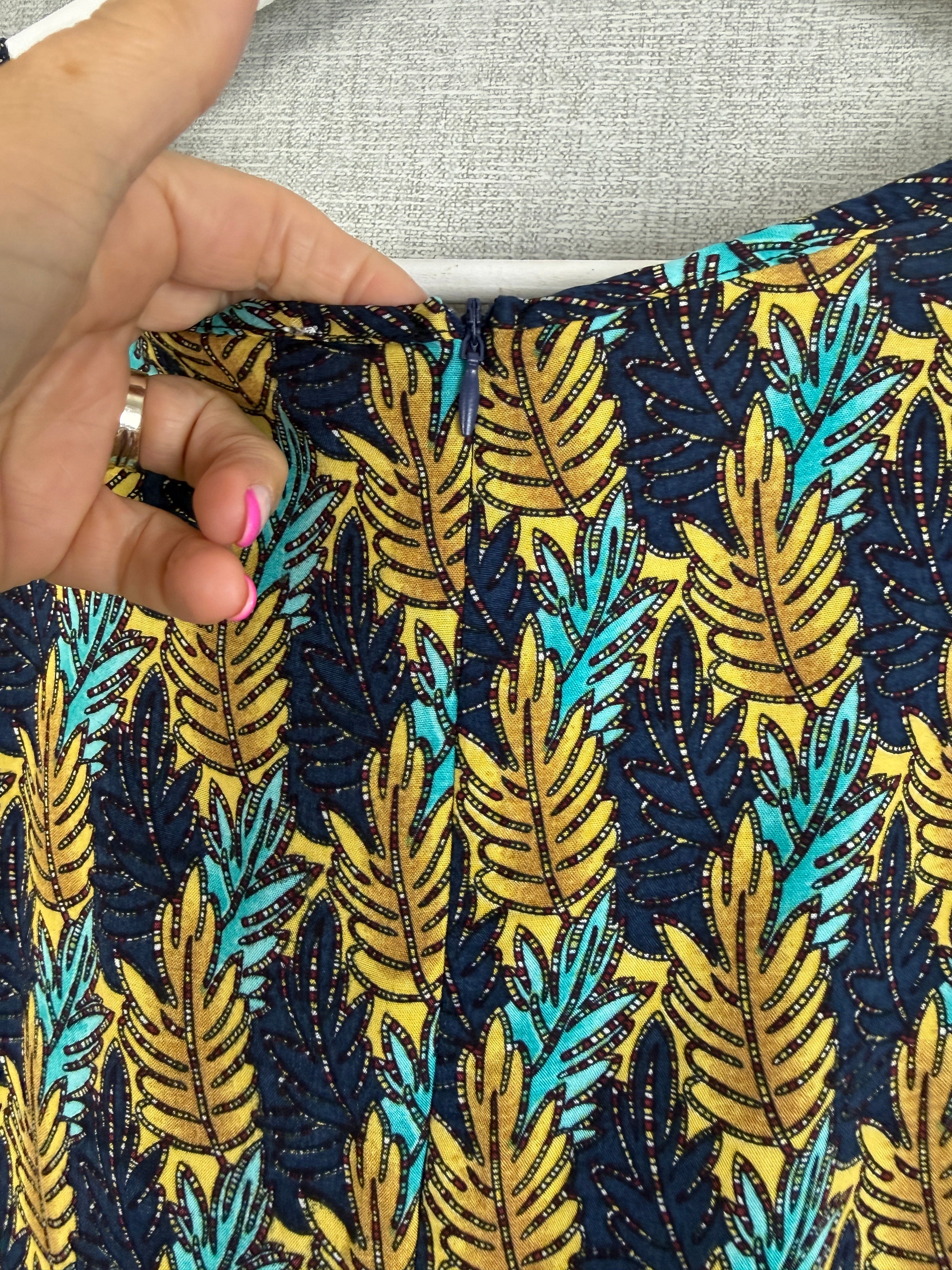 SES Fashion Leaf Print Viscose Shift Dress UK 10 Navy Mustard Turquoise