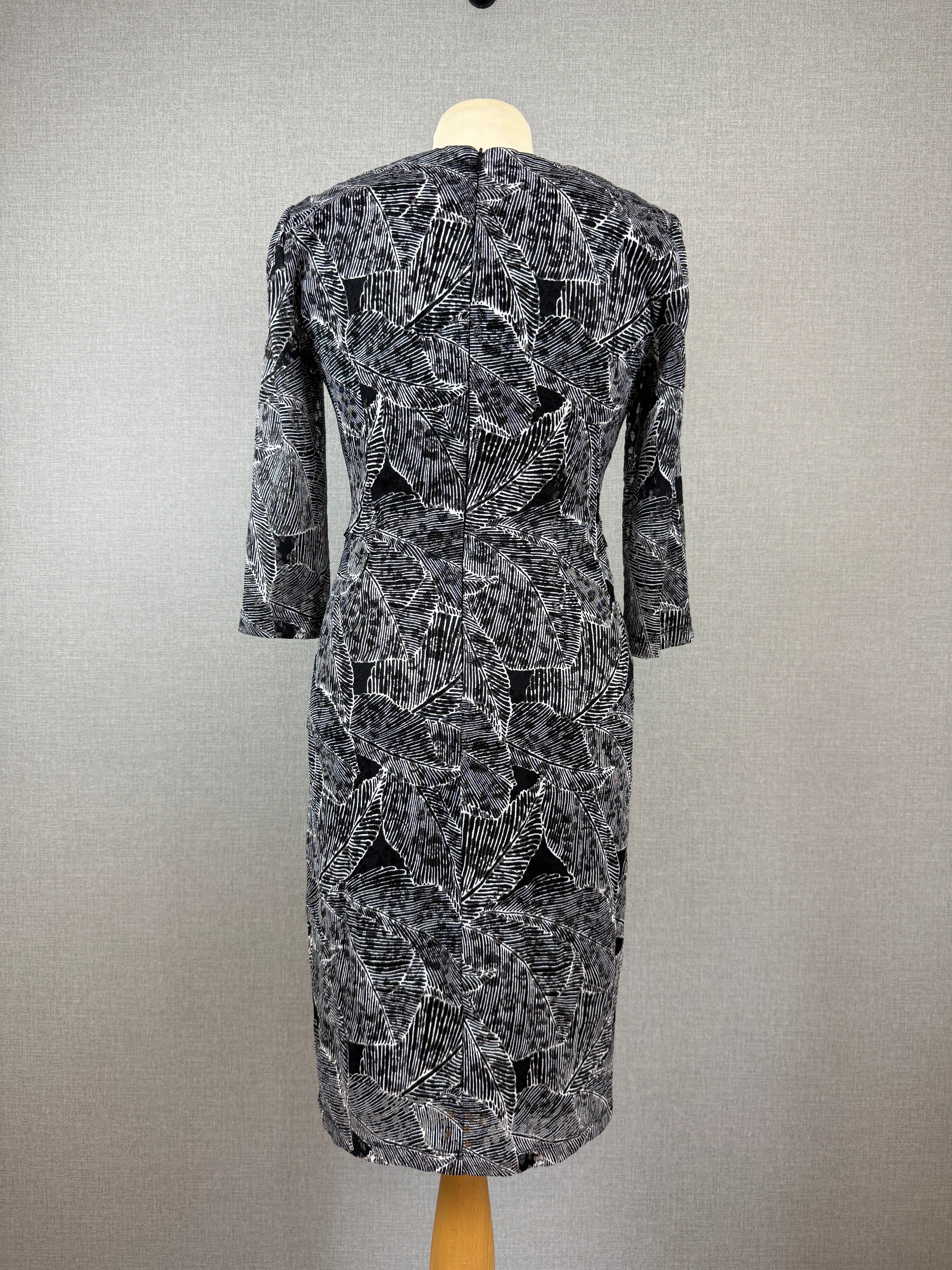 Phase Eight Black & White Leaf Print Sheath Dress UK 10 - Preloved