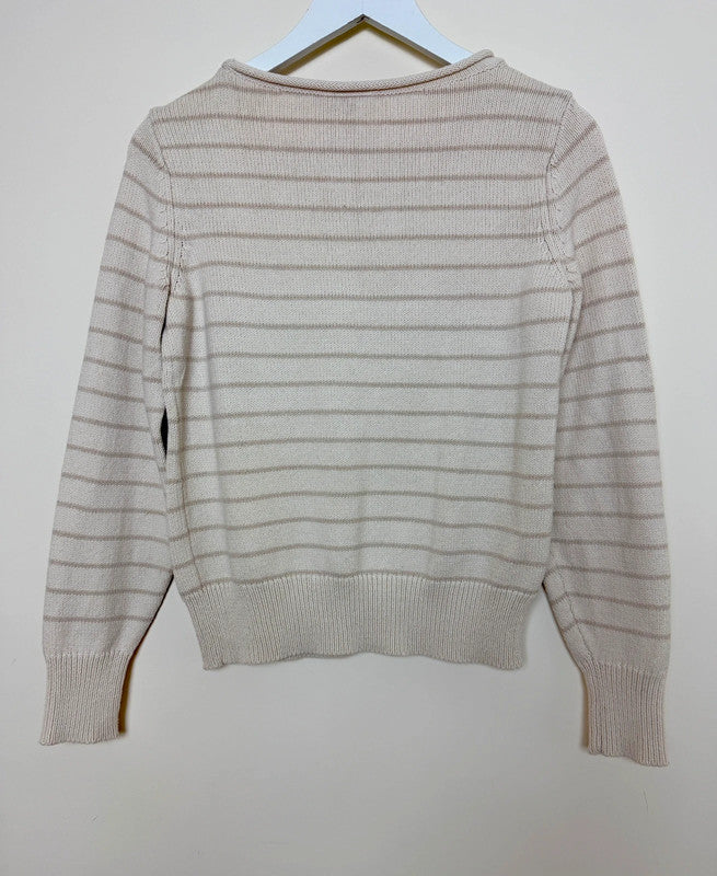LOFT Cotton Blend Ivory Striped Crew Neck Jumper - Small