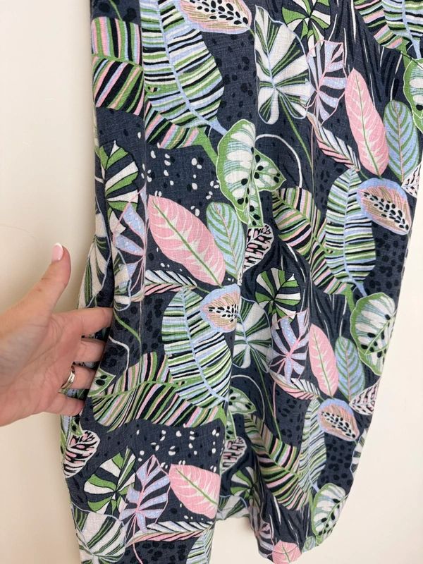 Next Linen Blend Tropical Print Shift Dress UK 10 Petite Loose Fit