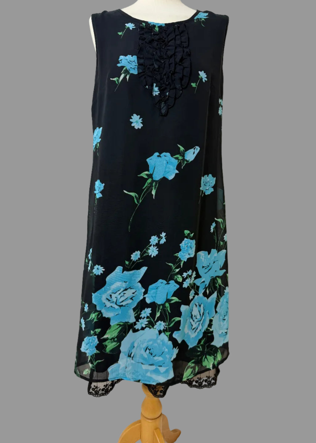 Sheego Black Floral Midi Dress – Blue Print Sleeveless Ruffle Front – UK 16