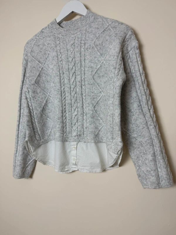 George Grey Layered Sweater XS Cable Knit Mock Shirt Chunky Knit