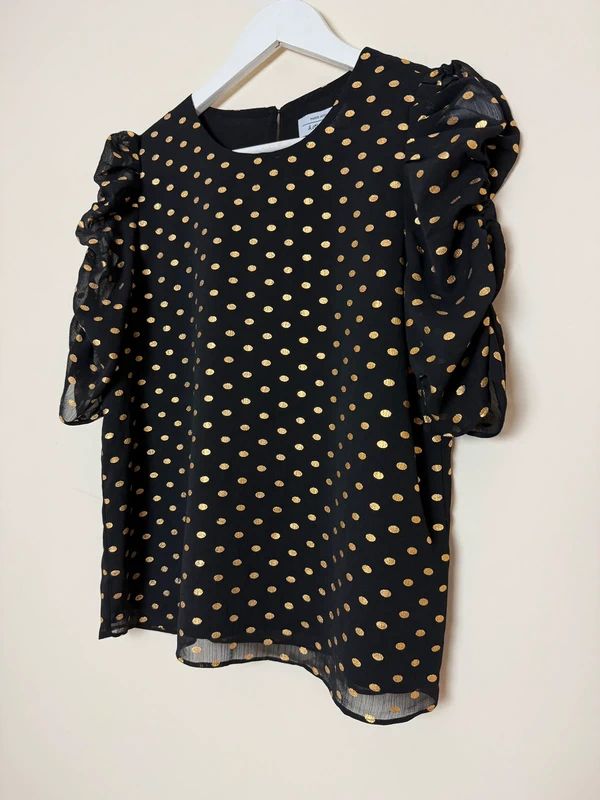 & Other Stories Black Gold Metallic Polka Dot Blouse UK10 Ruffle Sleeve