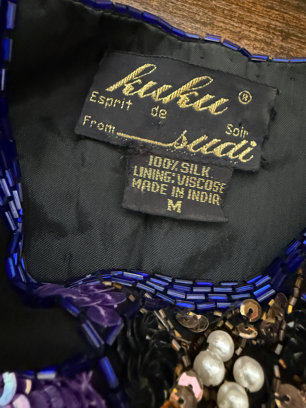 Kuku de Sudi 1980s Vintage Purple Black Sequin & Pearl Embellished 100% Silk Top - Medium