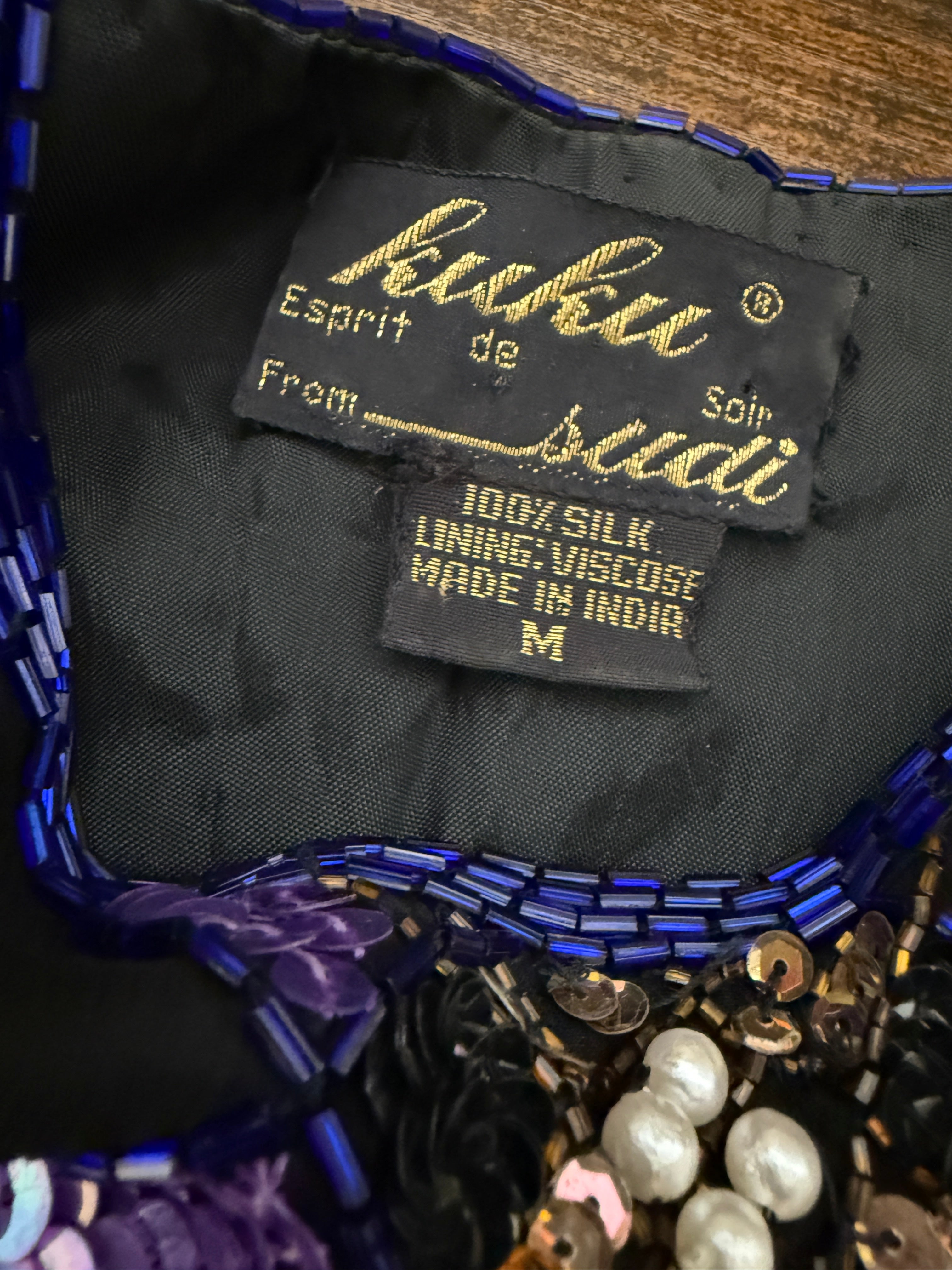 Kuku de Sudi 1980s Vintage Purple Black Sequin & Pearl Embellished 100% Silk Top - Medium