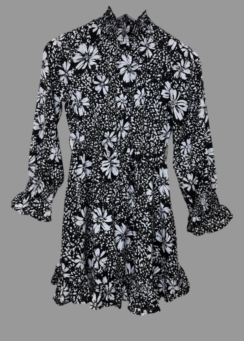 New Look Petite Black White Floral Ruffle Dress Tiered Elastic Waist UK4