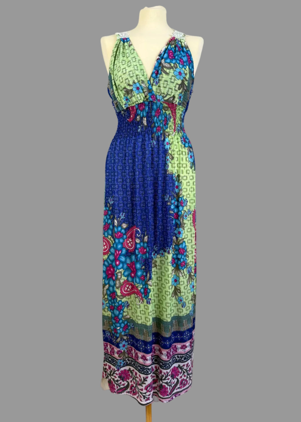 O.SHA Floral Paisley Crochet Back Maxi Dress Size M Blue Green