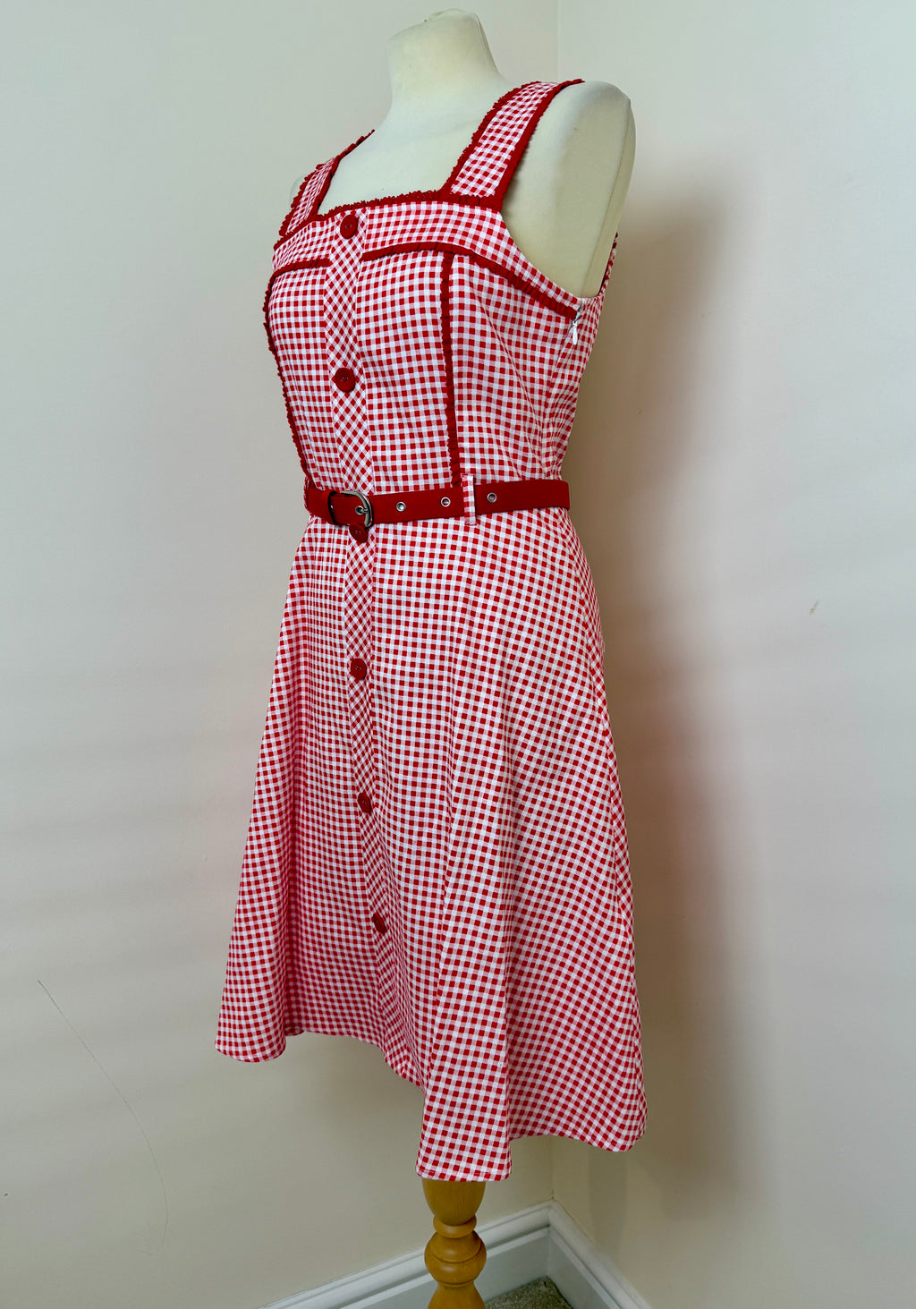Joe Browns Red White Gingham Midi Dress UK10 Retro Picnic Belted Summer
