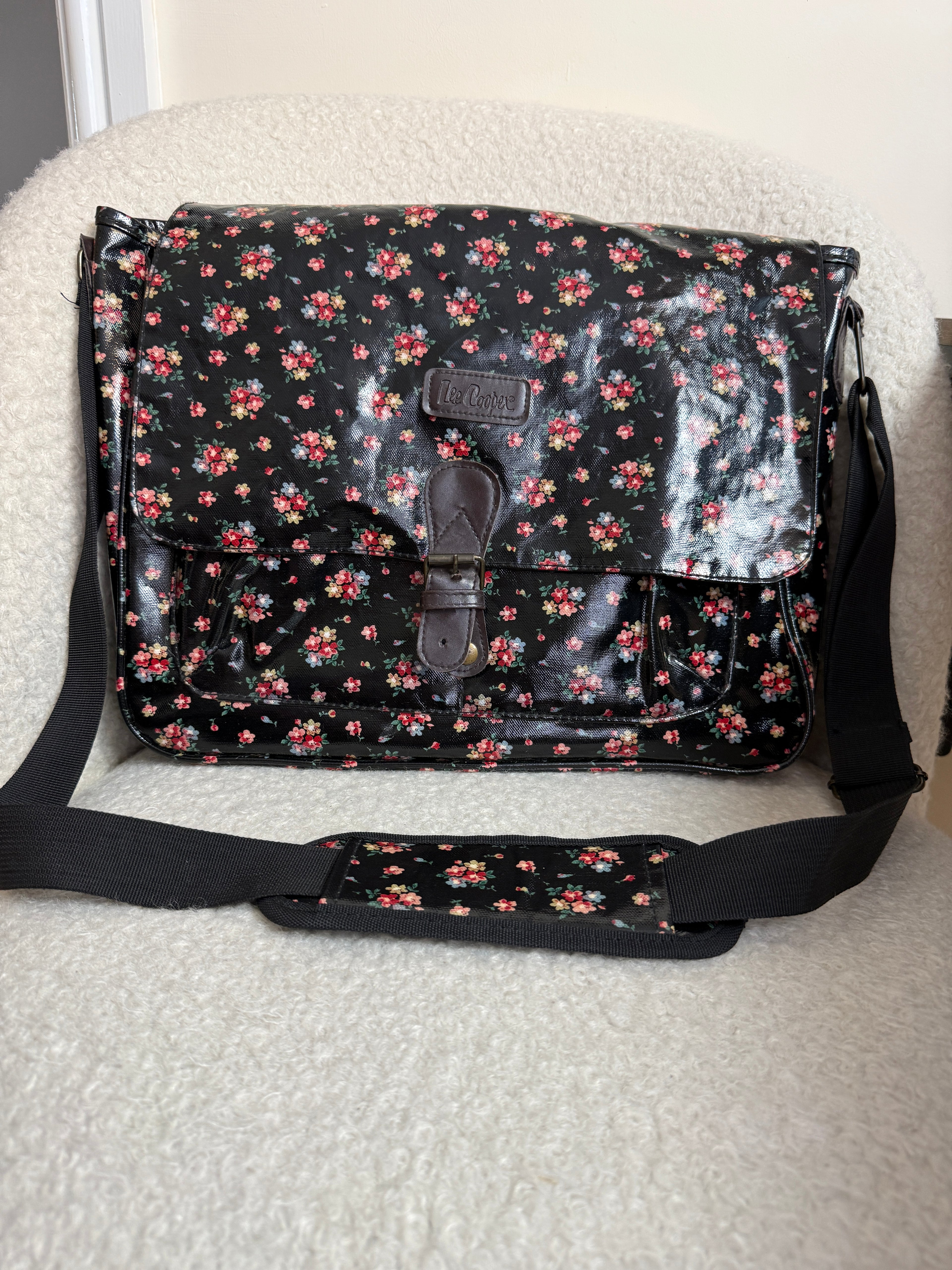 Lee Cooper Black Floral Messenger Bag Glossy Canvas Crossbody Studded