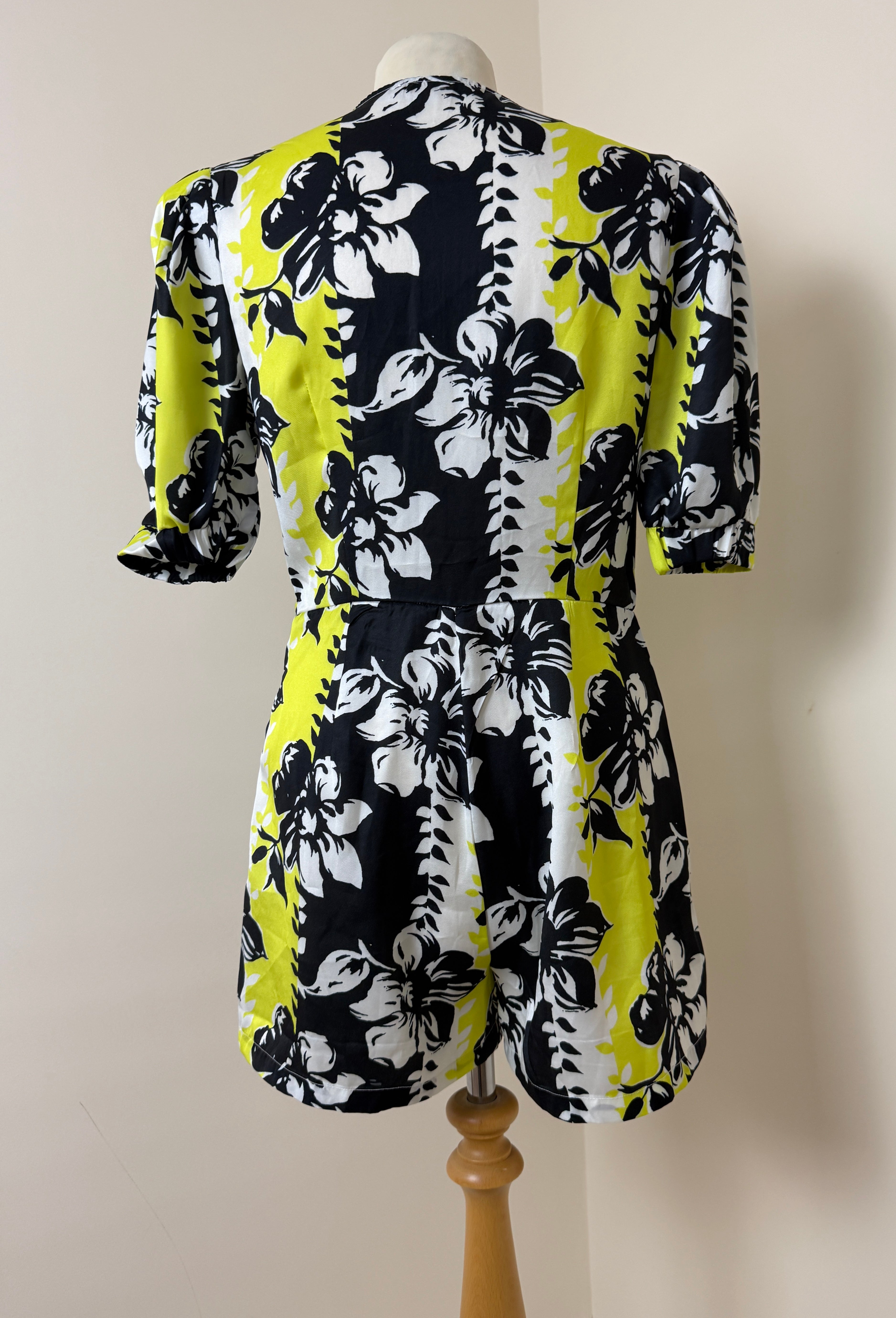 Oasis Yellow Black Floral Playsuit UK 10 Puff Sleeve Cut Out Tie Front