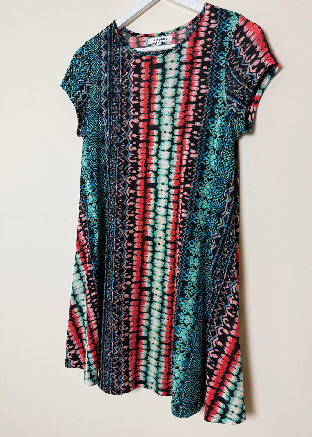 Glamorous Tribal Print Stretch Mini Dress XS Red Black Teal