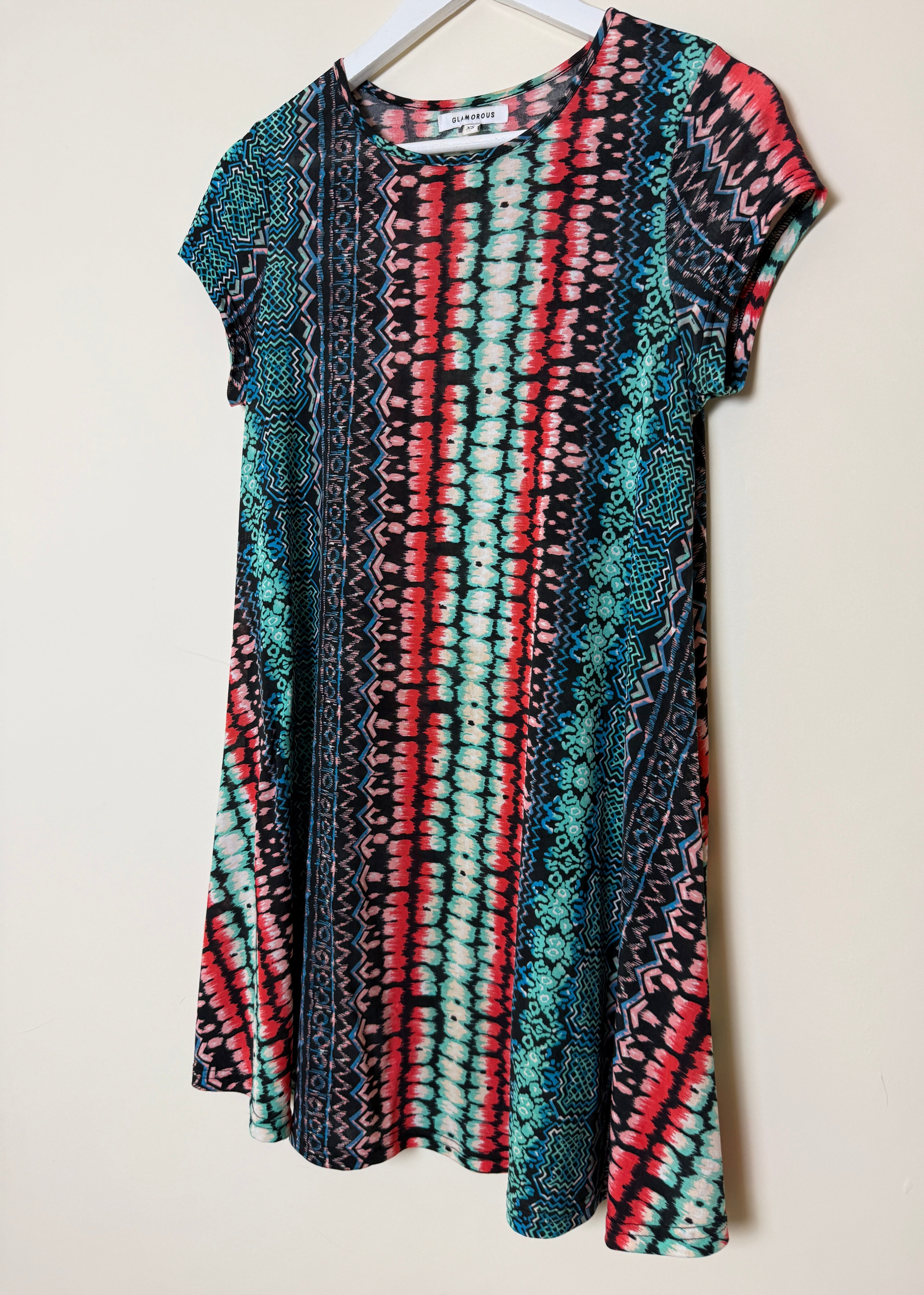 Glamorous Tribal Print Stretch Mini Dress XS Red Black Teal