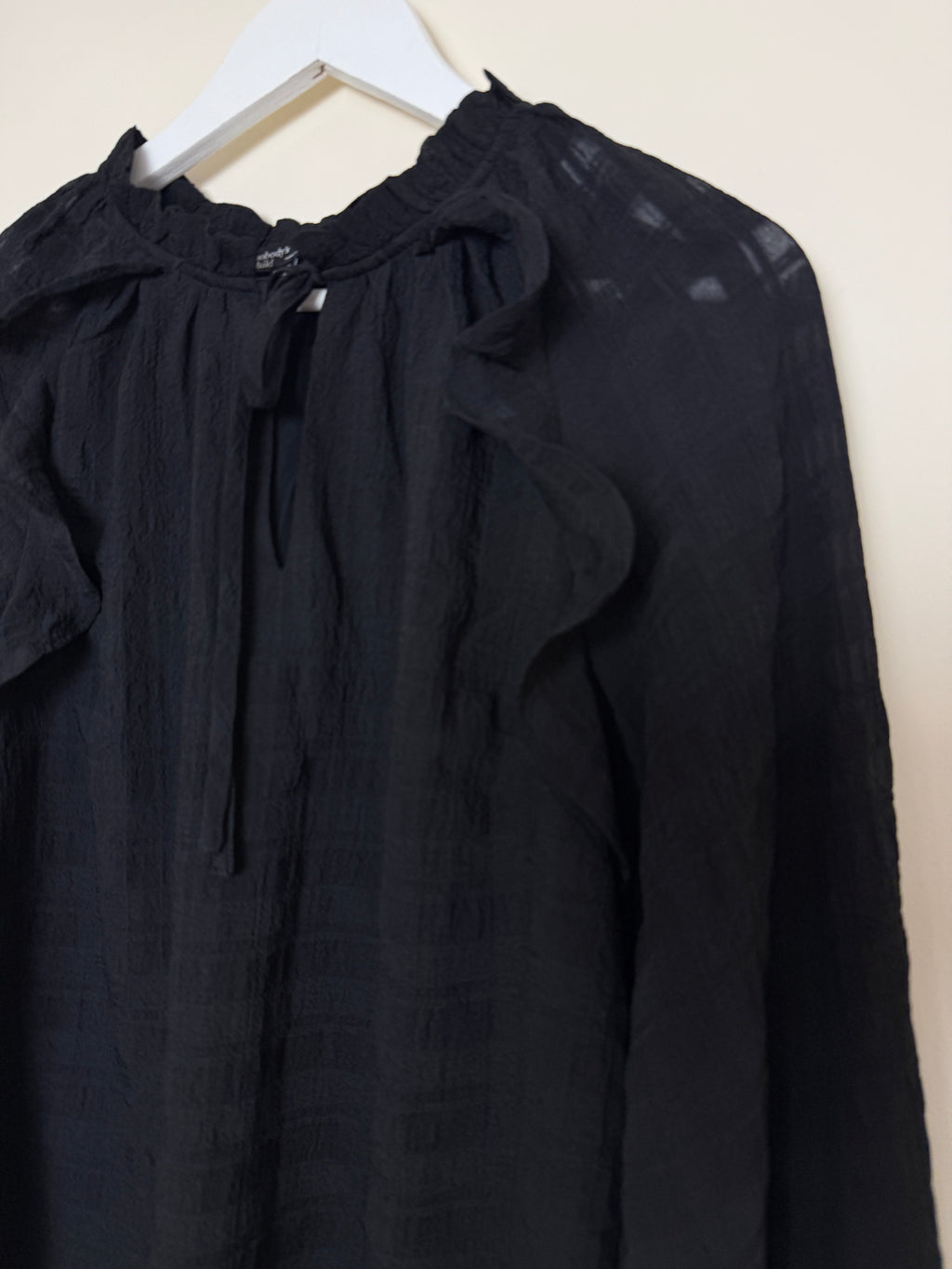 Nobody's Child Black Macy Blouse Balloon Sleeves & Tie Neck - UK12
