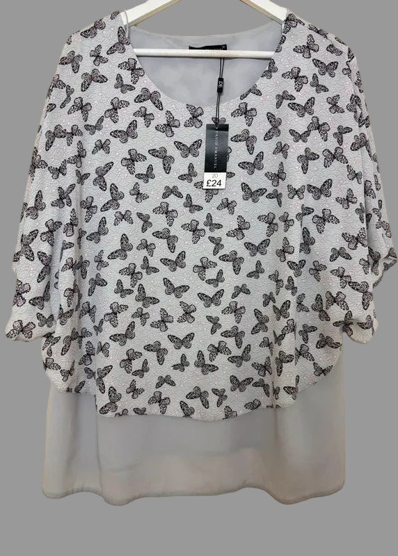 David Emanuel Brand new Summer Butterfly Lilac Grey Print Blouse - UK20