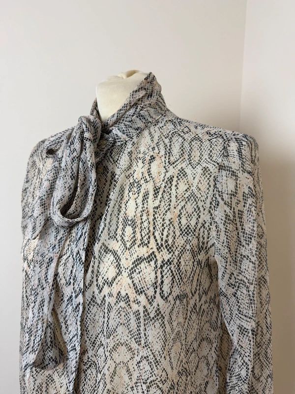 Mango Snake Print Blouse Black White Sheer Tie Neck Long Sleeve Small