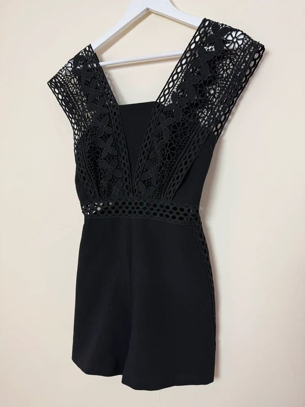 Topshop Lace Playsuit Black Crochet Detail V Neck Back Zip UK8