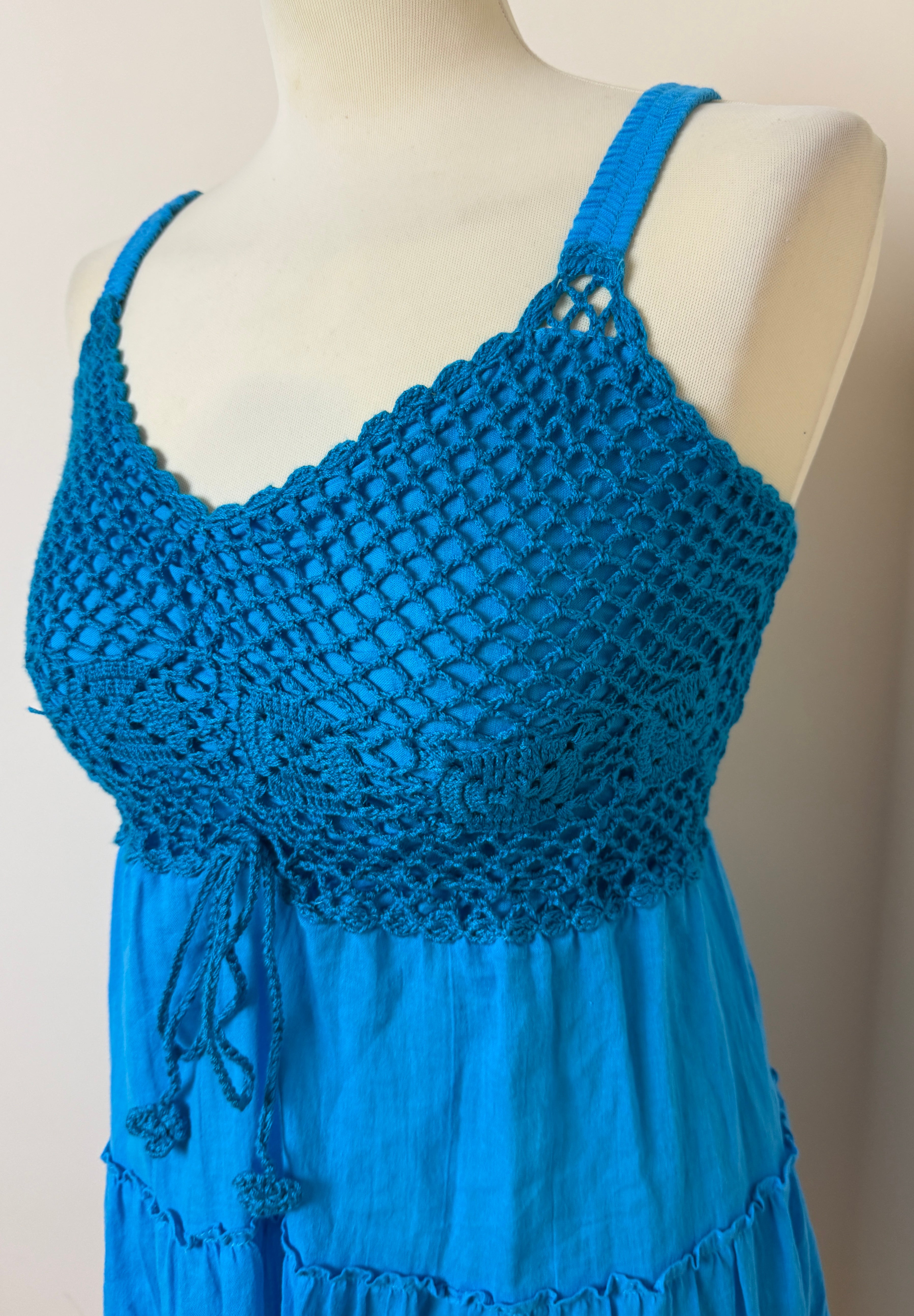Blue Boho Crochet Cotton Sundress Size 14 (Stretch Fit)