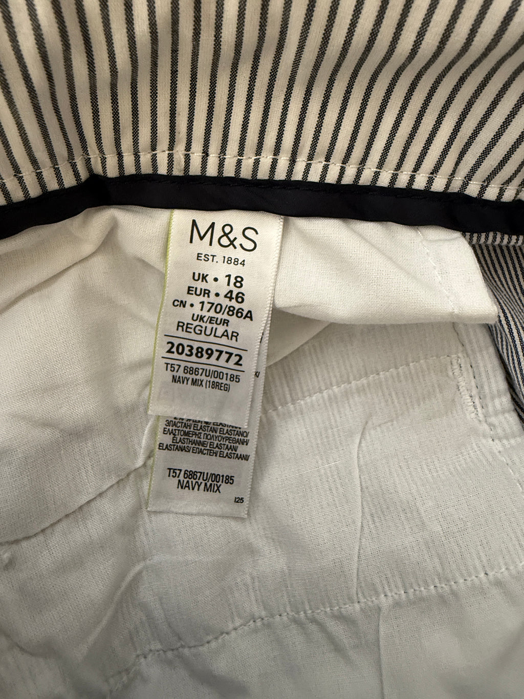 Per Una Navy Pinstripe Cotton Stretch Trousers UK18 Regular