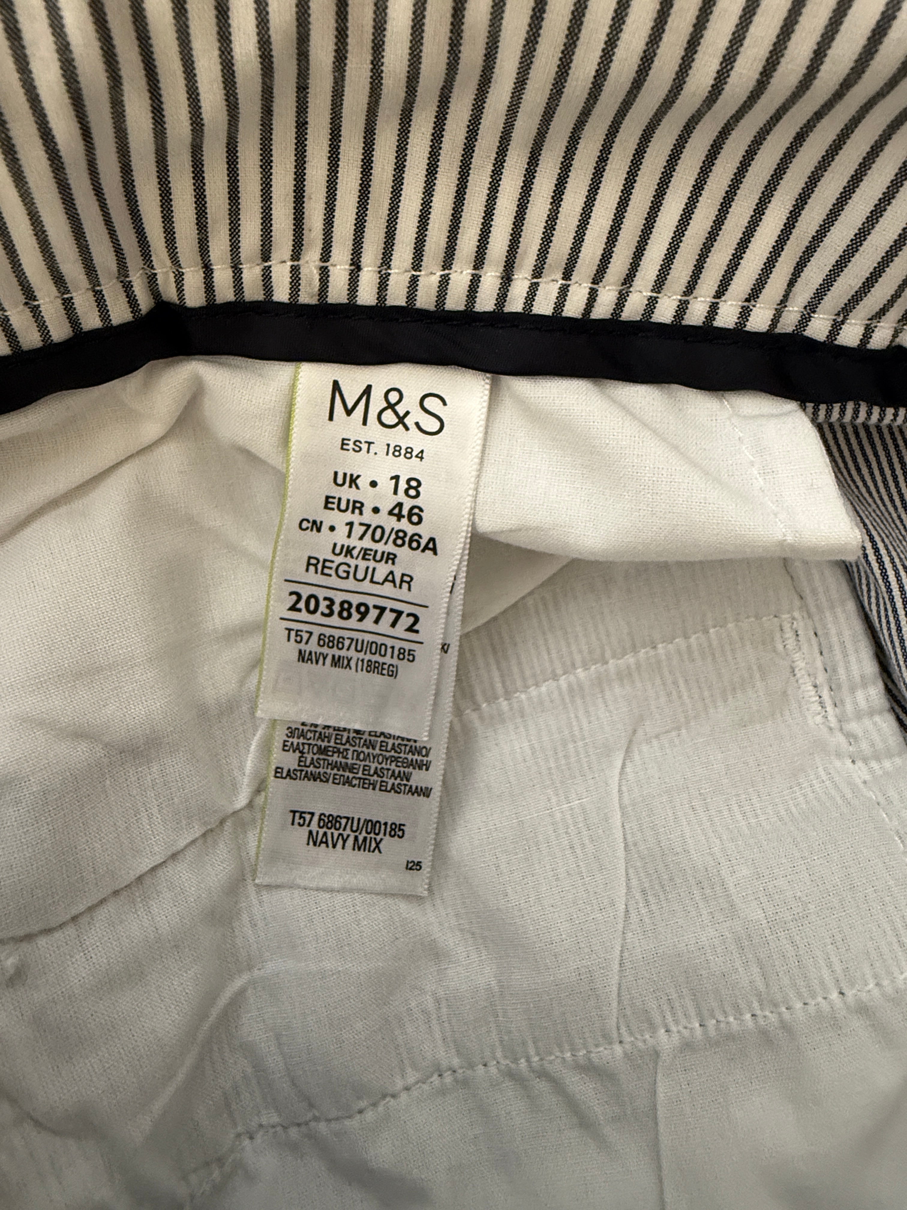 Per Una Navy Pinstripe Cotton Stretch Trousers UK18 Regular