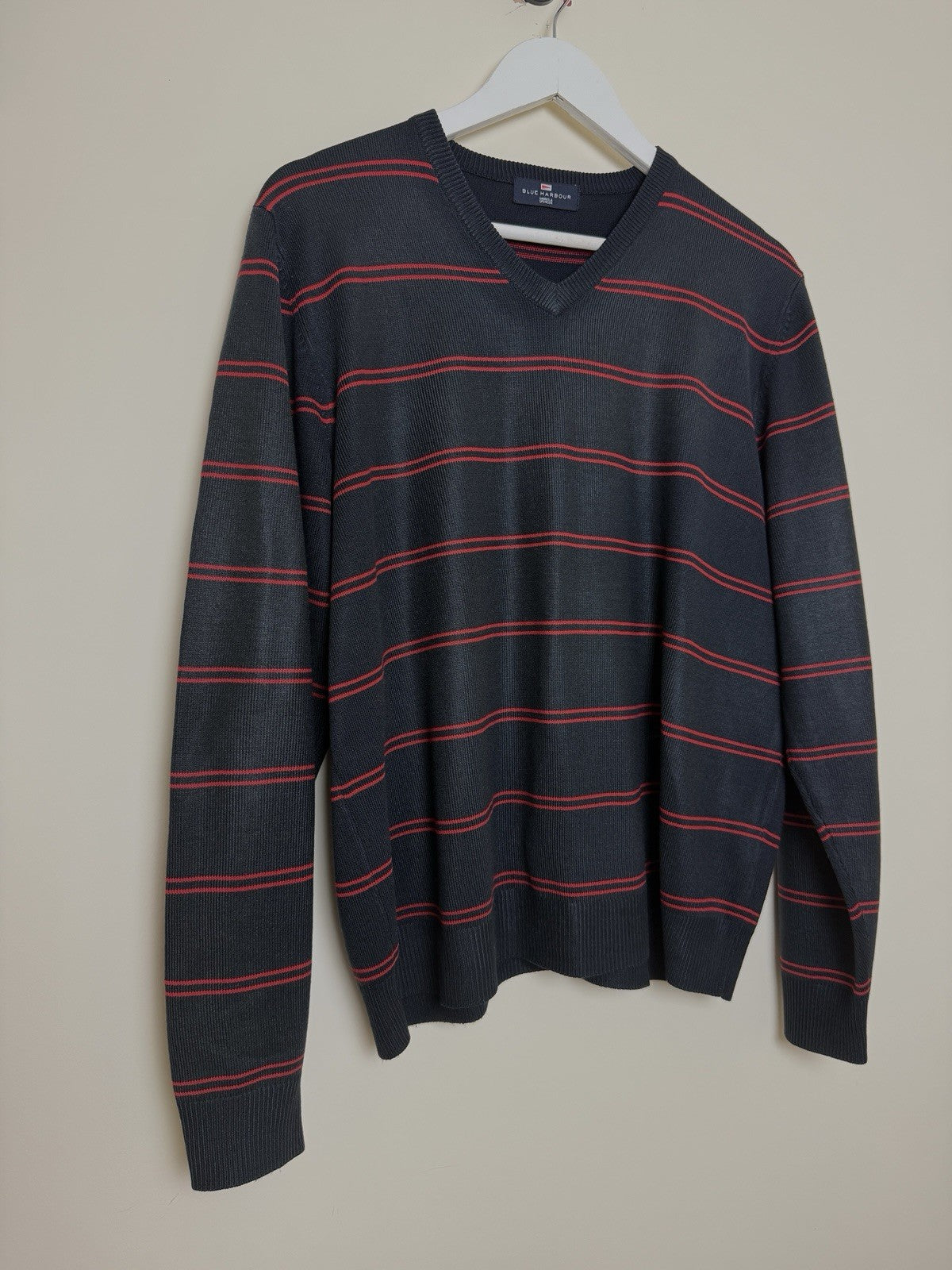 Blue Harbour M&S Navy Red Striped V Neck Knit Jumper - Medium