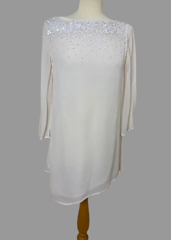 Mint Velvet Cream Asymmetric Tunic Blouse Chiffon Style Sequin UK 12