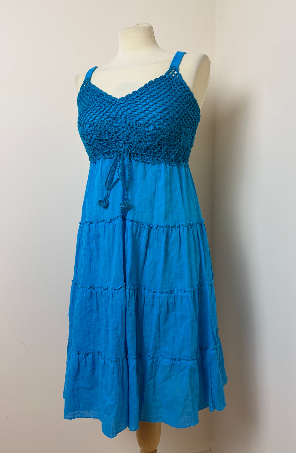 Blue Boho Crochet Cotton Sundress Size 14 (Stretch Fit)