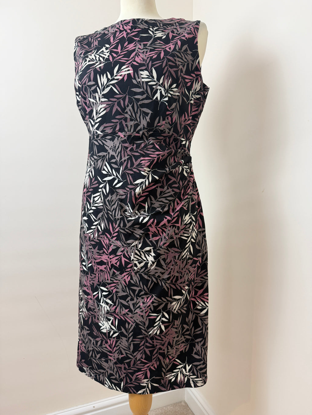 Apricot Black Leaf Print Bodycon Dress UK14 Sleeveless Ruched Waist