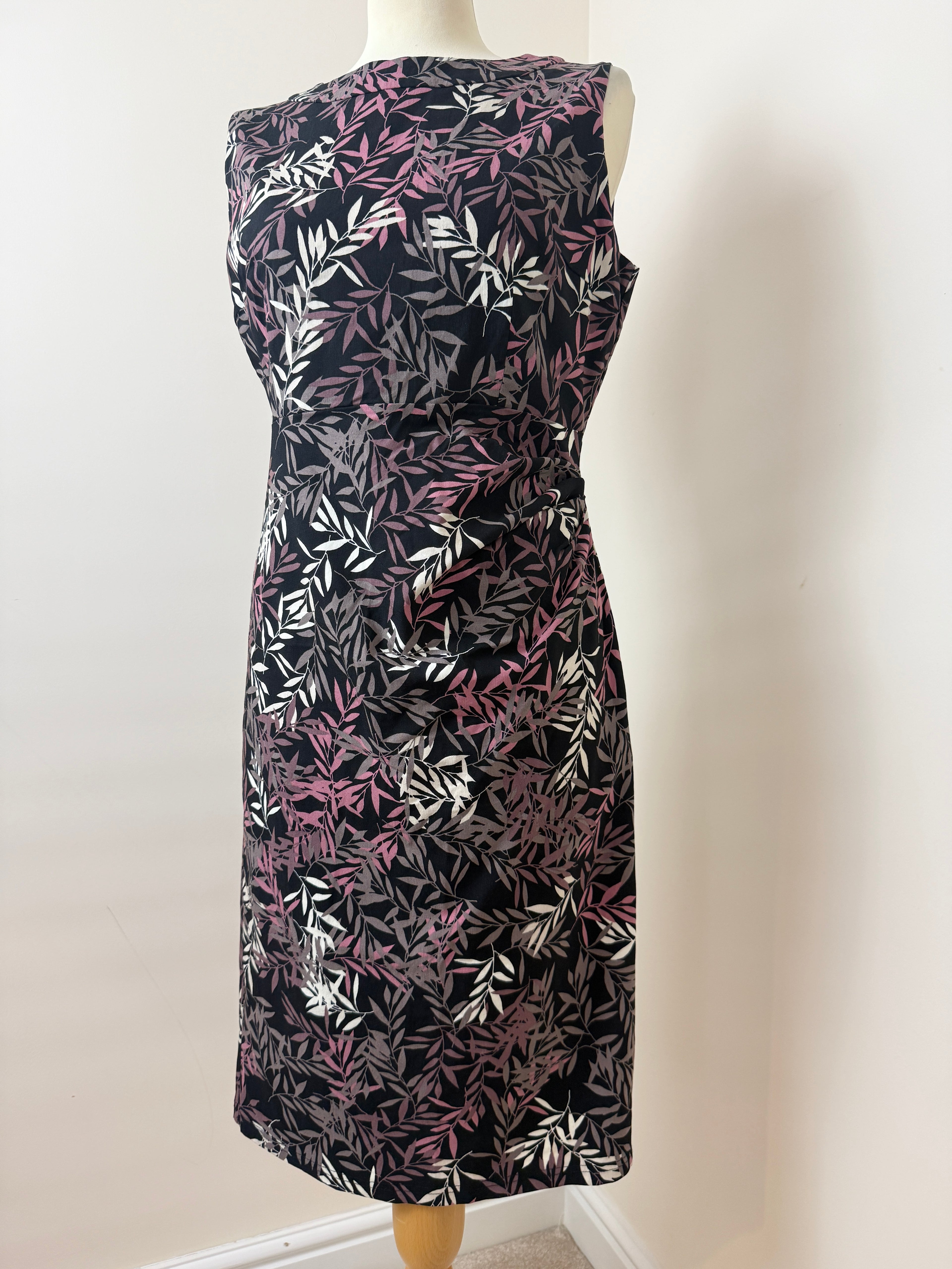Apricot Black Leaf Print Bodycon Dress UK14 Sleeveless Ruched Waist