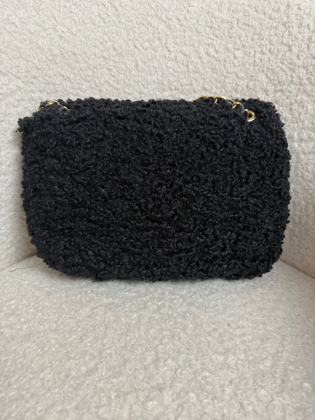 Missguided Black Sherpa Flap Bag Chain Strap Shoulder Bag