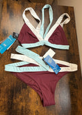 BNWT H&M Burgundy Contrast Trim Bikini Set UK 14 Top UK 16 Bottoms