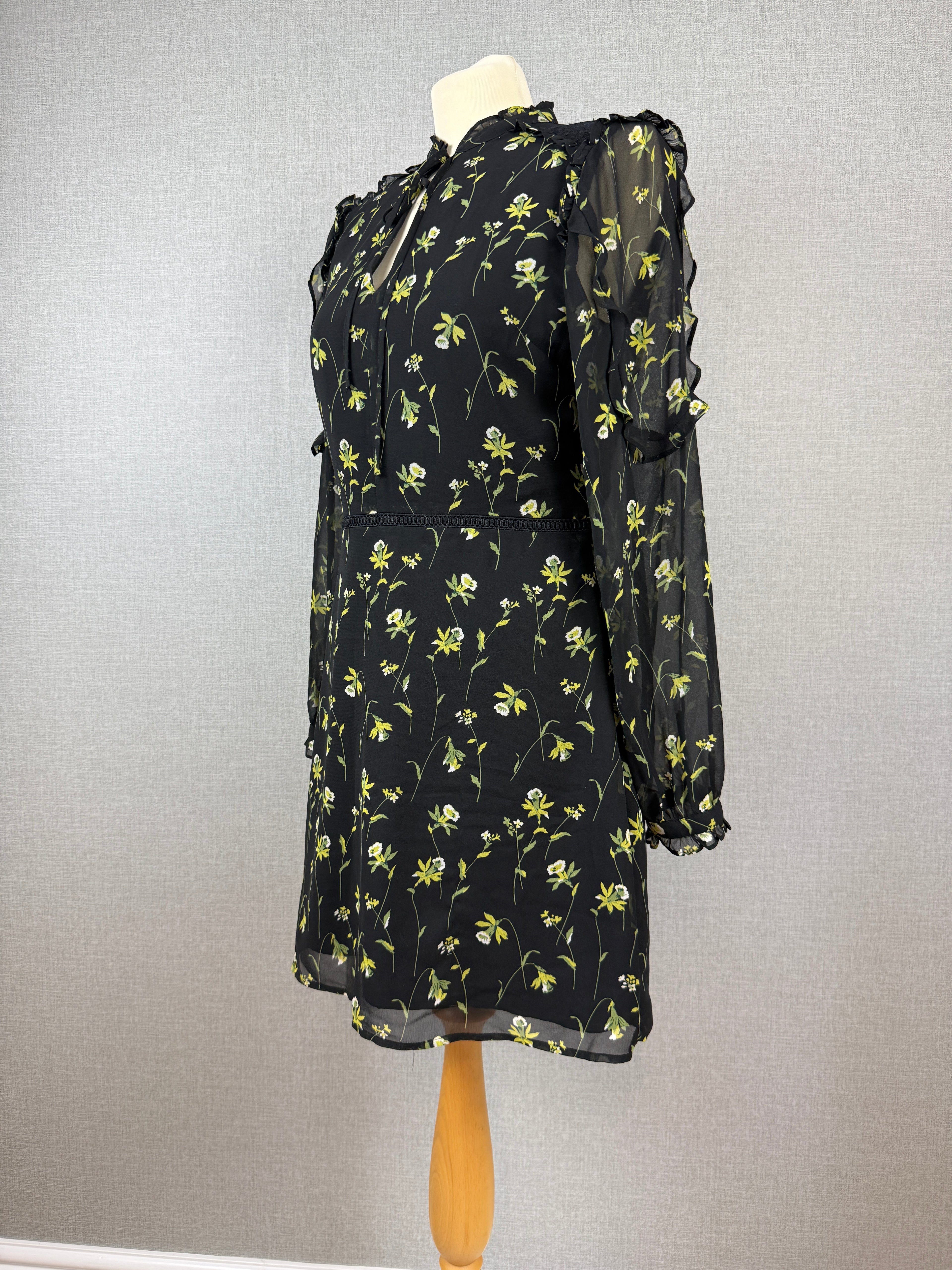 Oasis Black Floral Chiffon Mini Dress UK 12 - Pre-Loved