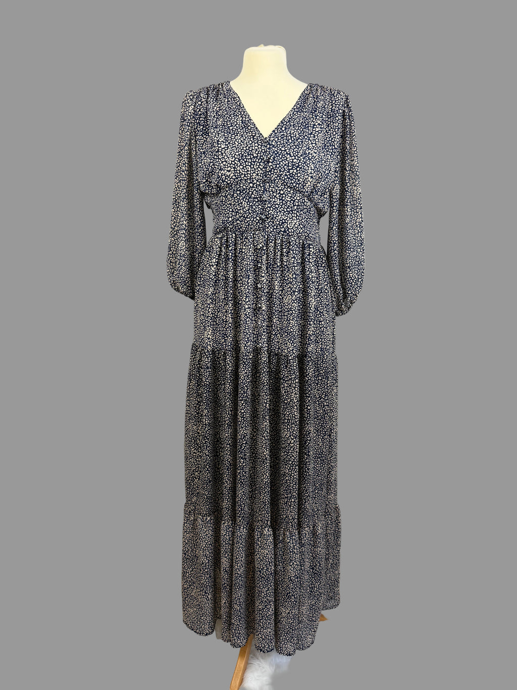QED London Navy Cream Animal Print Tiered Maxi Dress UK 12