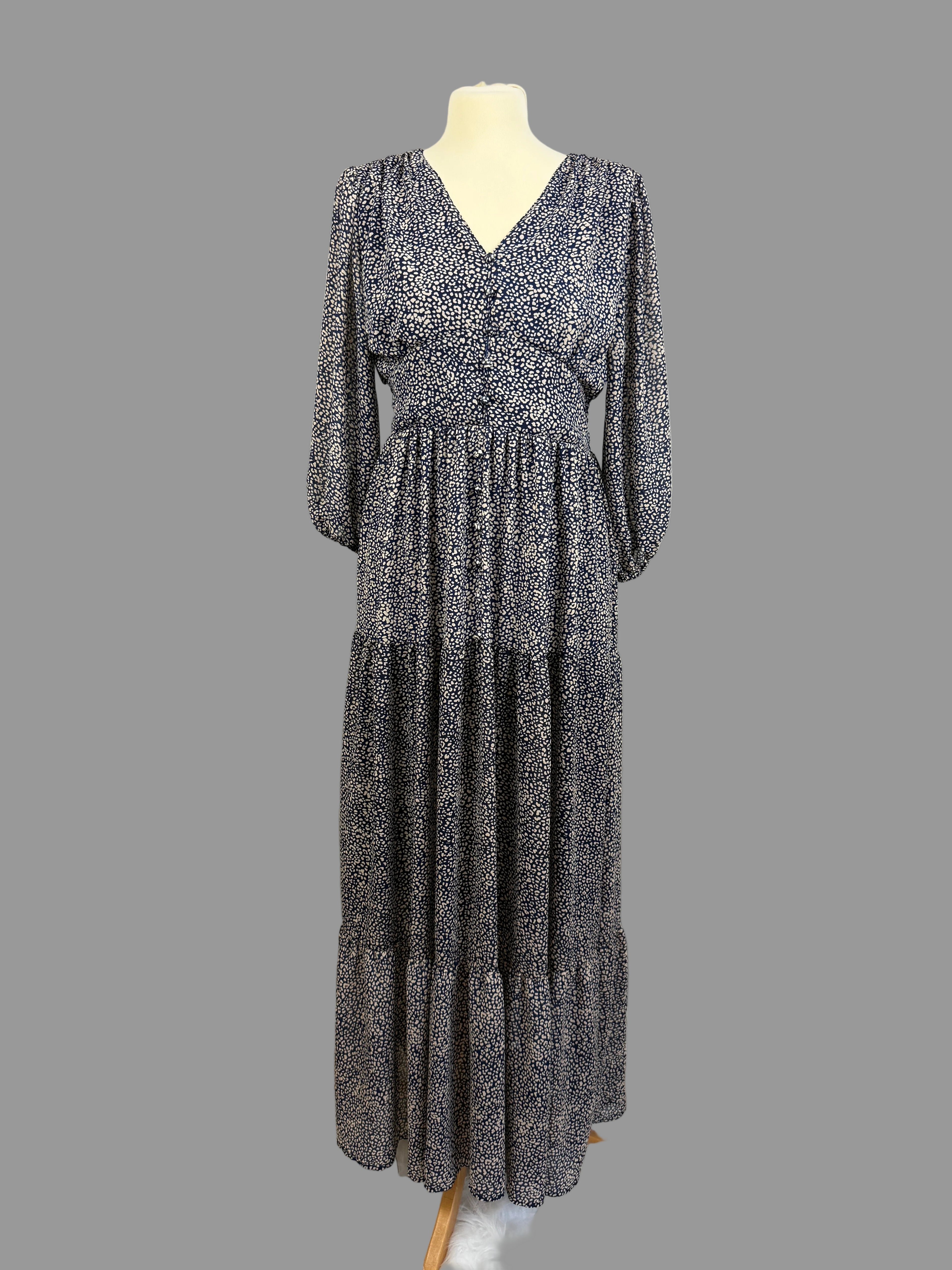 QED London Navy Cream Animal Print Tiered Maxi Dress UK 12